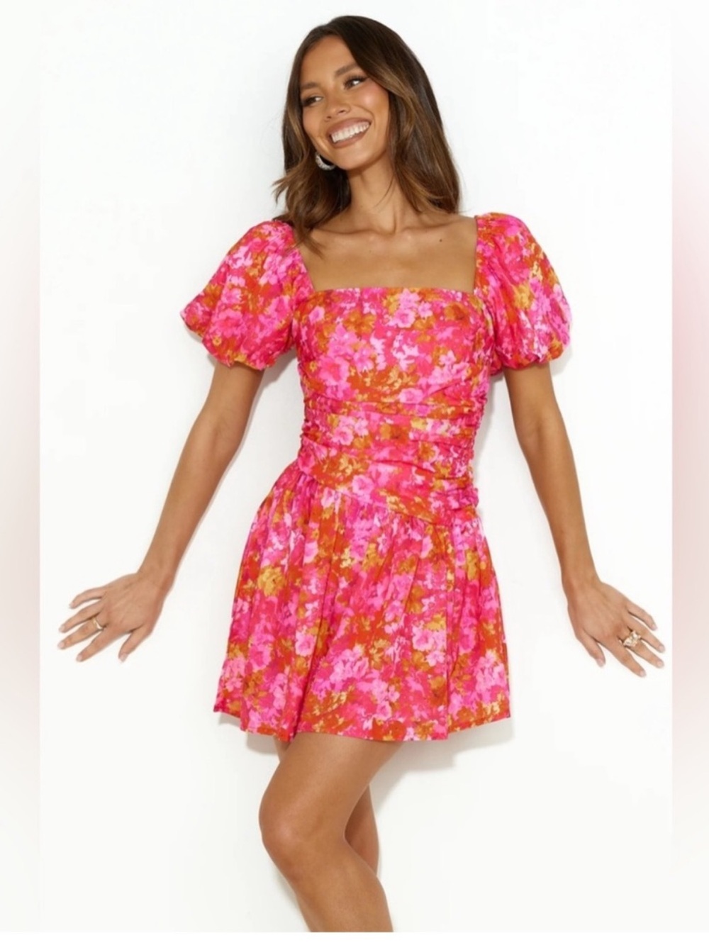 Hello Molly Pink & Orange Floral Square-Neck Mini Dress